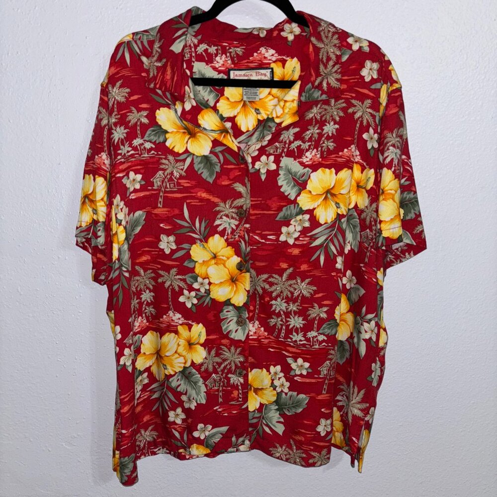 Jamaica Bay Men’s 2X Red Hawaiian‎ Shirt Floral Tropical Rayon Aloha Camp